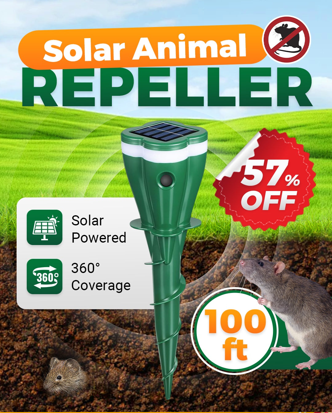 🔥Hot Sale 75% OFF - Solar Powered Waterproof Screw Mole Repellent