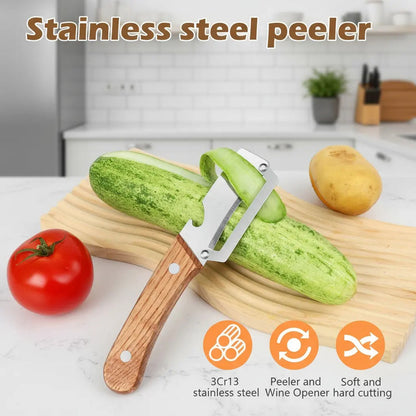 ⏰Last Day 60% OFF🔥 2-in-1 Stainless Steel Vegetable Peeler with Wooden Handle & Bottle Opener